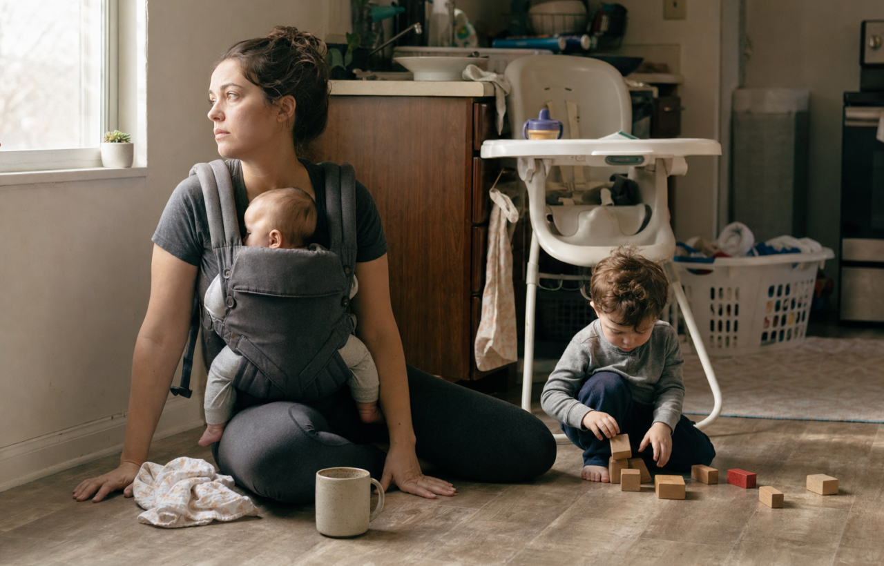 A tired mother sits on the kitchen floor with a baby in a carrier while her toddler plays among everyday household items nearby.