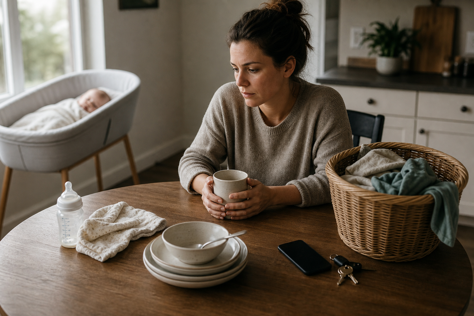 A mother sits at a kitchen table where feeding items, dishes, laundry, a phone, and keys are separated into small groups while a baby sleeps nearby.