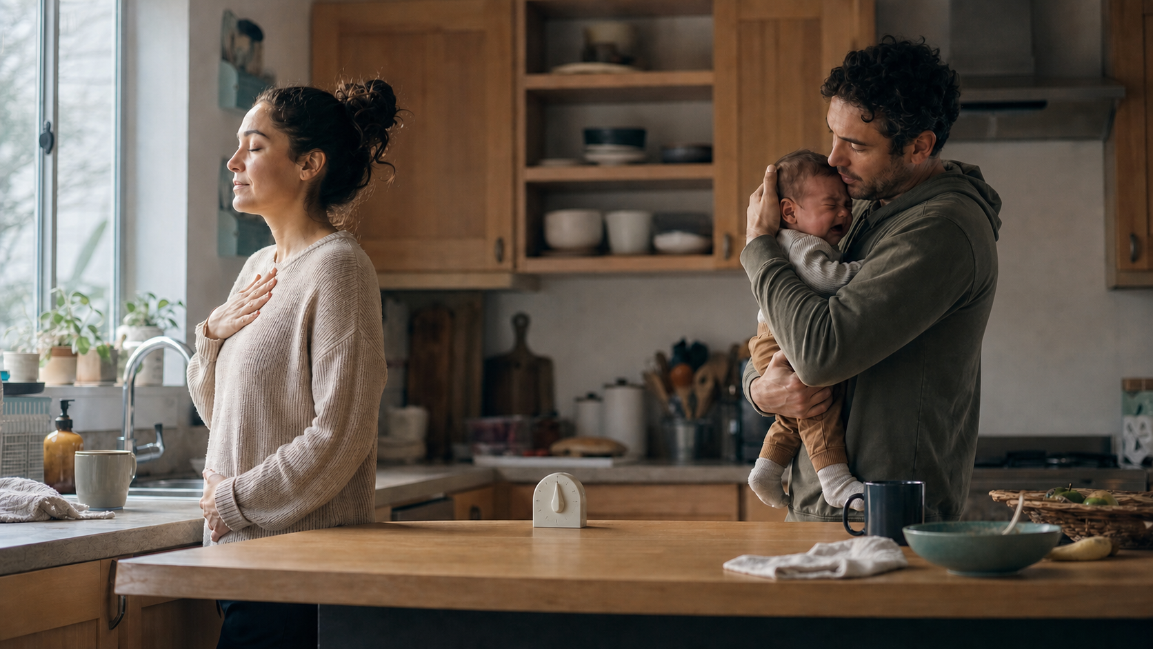 One parent calms a baby while the other takes a quiet breathing pause near a kitchen window, with a timer between them.