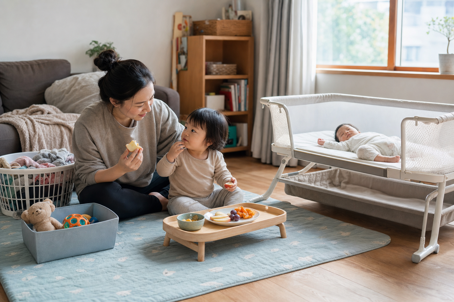A mother and toddler share a simple snack beside a sleeping baby, with an unfinished laundry basket and a small bin of toys in the room.