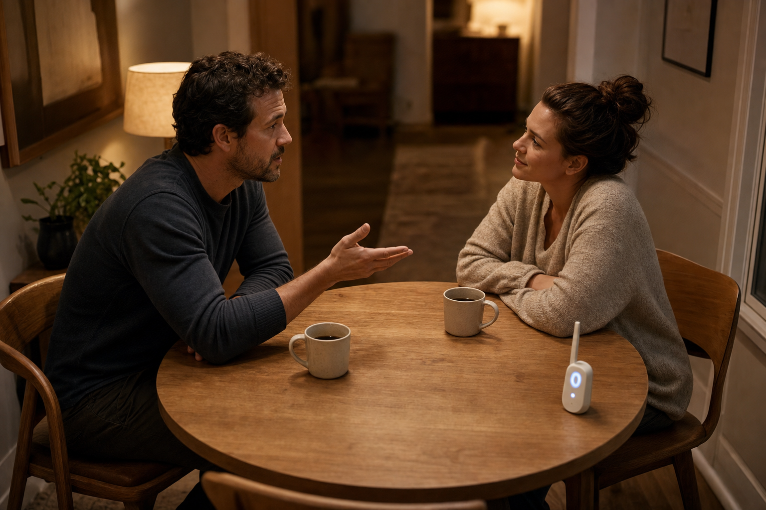 Two parents maintain eye contact during a calm conversation at a round table after their toddler's bedtime.