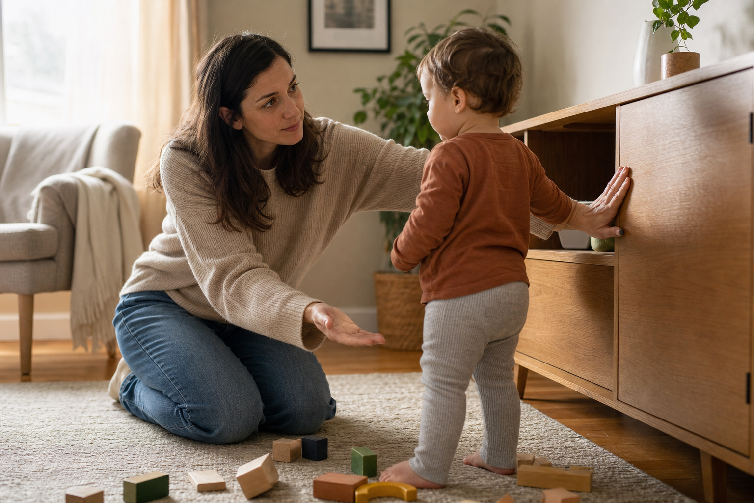 A parent reconnects with a toddler at eye level while keeping one hand on an unsafe cabinet to maintain the boundary.