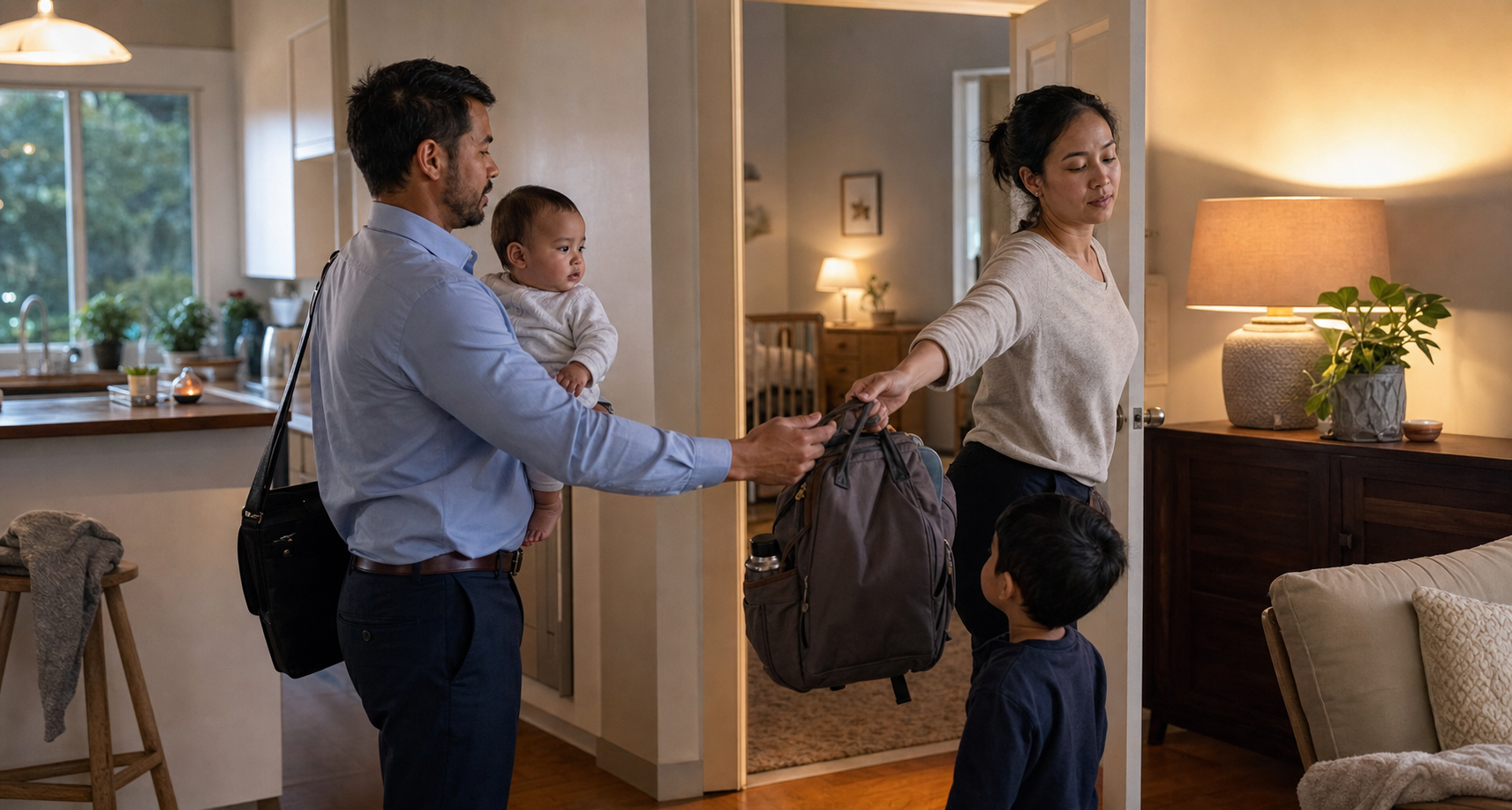 One parent takes the baby and diaper bag while the mother steps toward a quiet room during an evening caregiving handoff.
