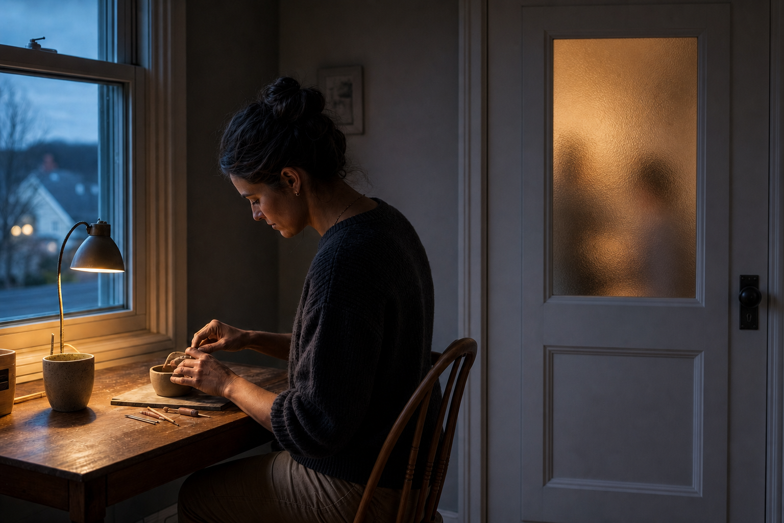 A mother shapes clay at a desk beside a window during time alone, with a closed door separating her workspace from the rest of the home.