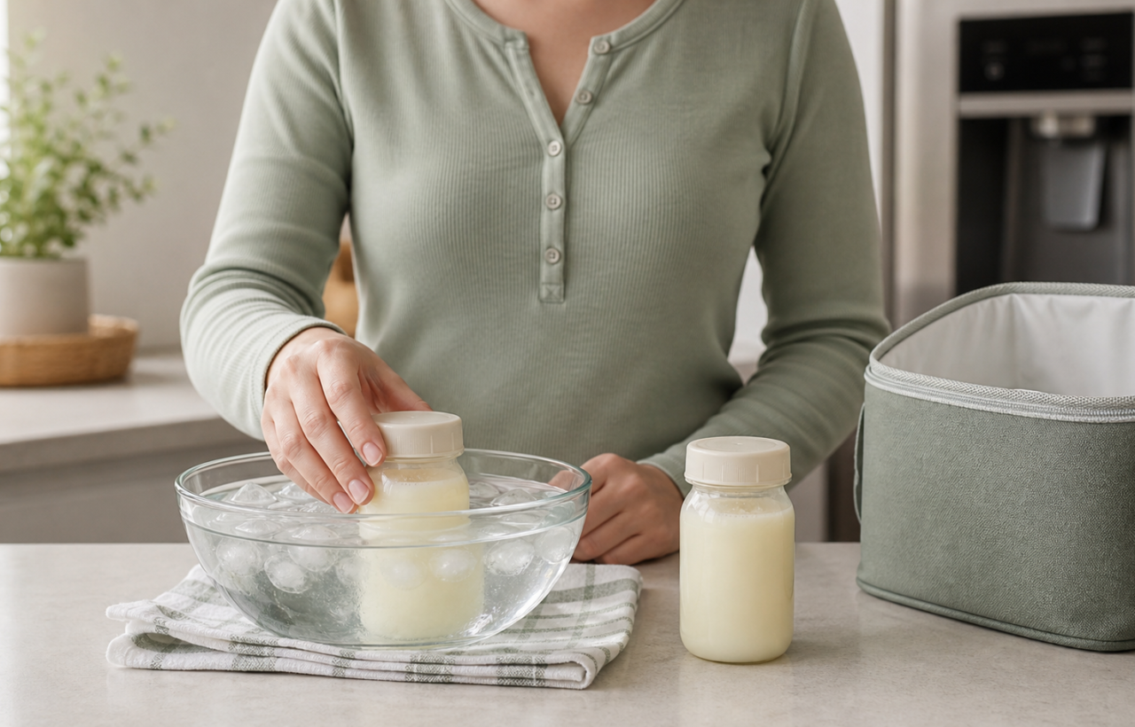 A parent organizes sealed containers of expressed breast milk in a clean kitchen, with one container cooling in a cold-water bath beside chilled milk and an insulated cooler.