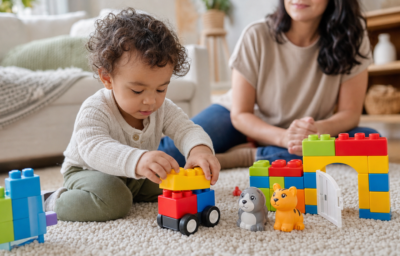A toddler joins large colorful interlocking blocks to a wheeled base beside a small block-built shelter and animal figures while a caregiver supervises nearby.