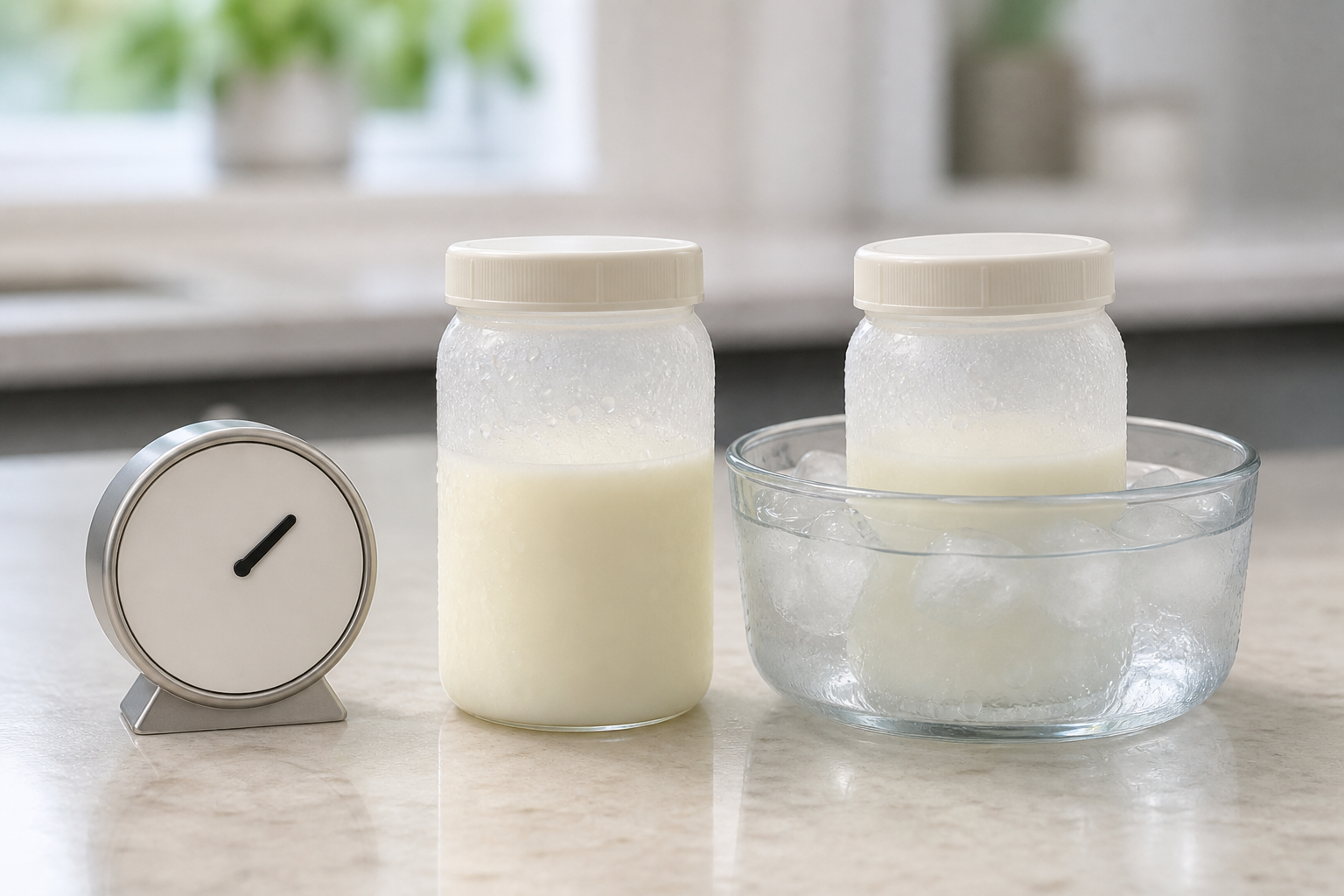 Two containers of expressed breast milk sit beside an unnumbered timer, with the newer milk cooling in ice water to match the temperature of the chilled milk.