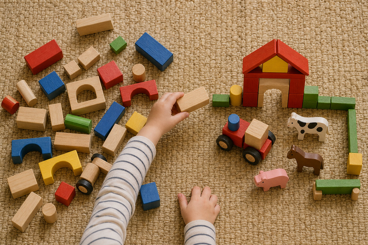 Two play areas show plain large building blocks beside a simple farm scene, with a toddler moving a block between them.