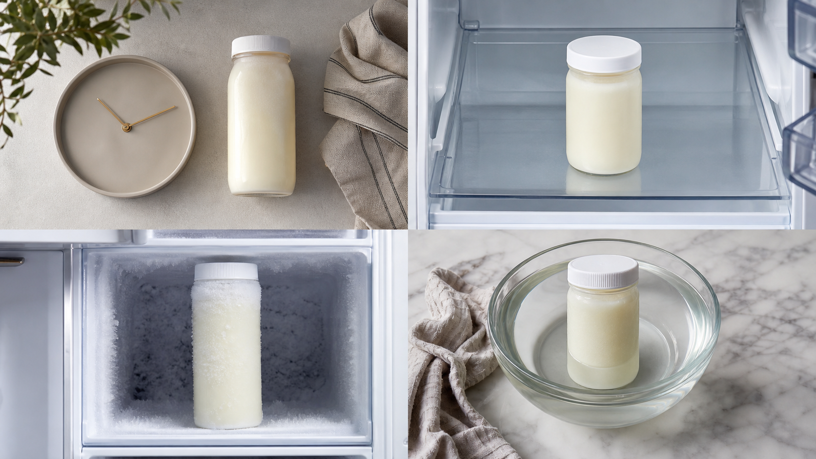 Four separate containers of expressed breast milk are shown at room temperature, refrigerated, frozen, and thawing in a bowl of water.