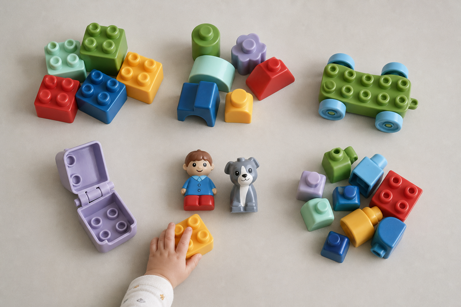 An overhead arrangement shows six groups of large toddler building pieces, including basic blocks, wheels, a hinge, figures, and versatile shapes.