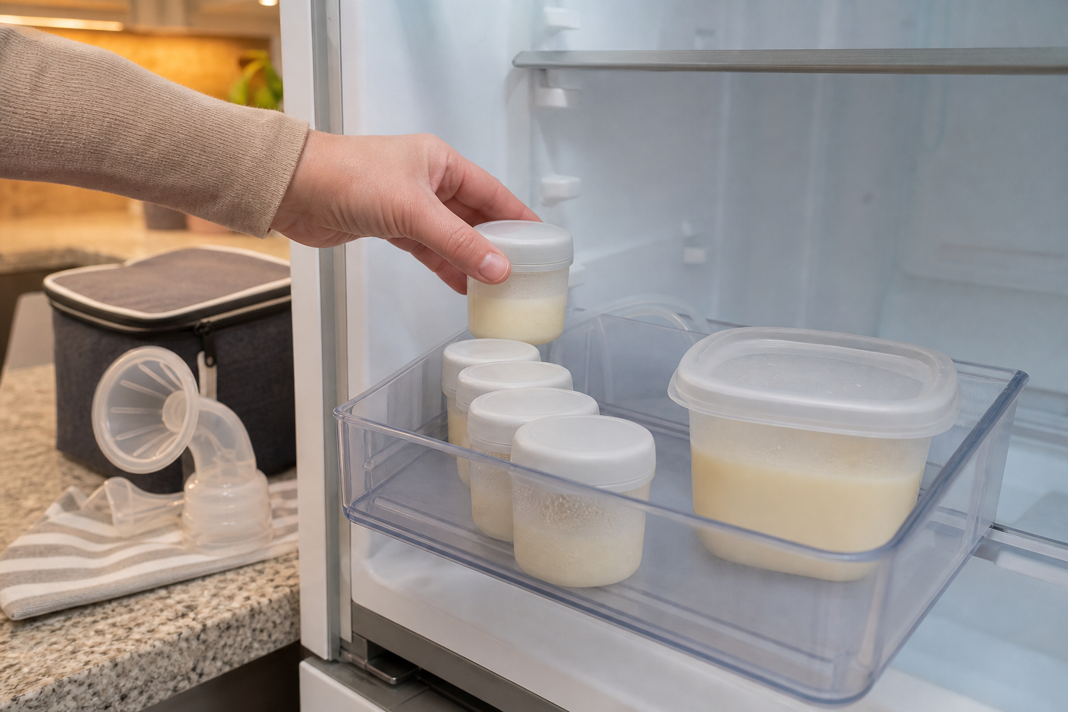 A parent places a sealed container of freshly expressed milk into a refrigerator bin where several pumping sessions are cooling separately beside a pooled chilled batch.