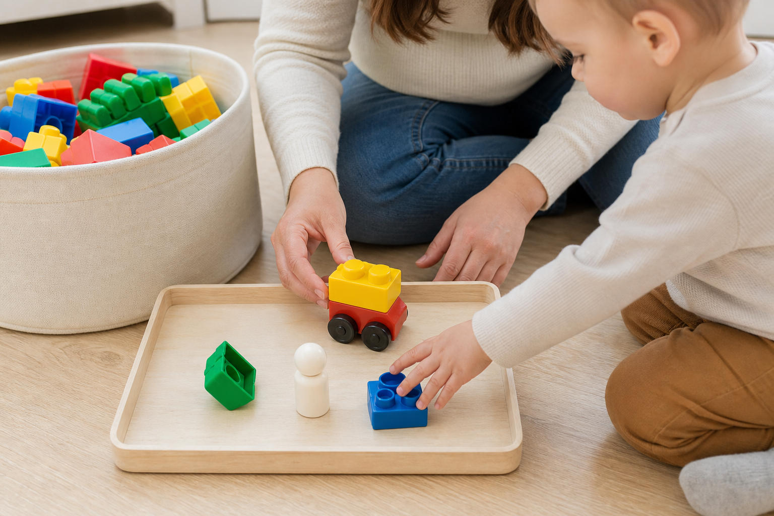 A caregiver offers a toddler a small tray of large building pieces and a simple starter vehicle while extra blocks remain in an open container.