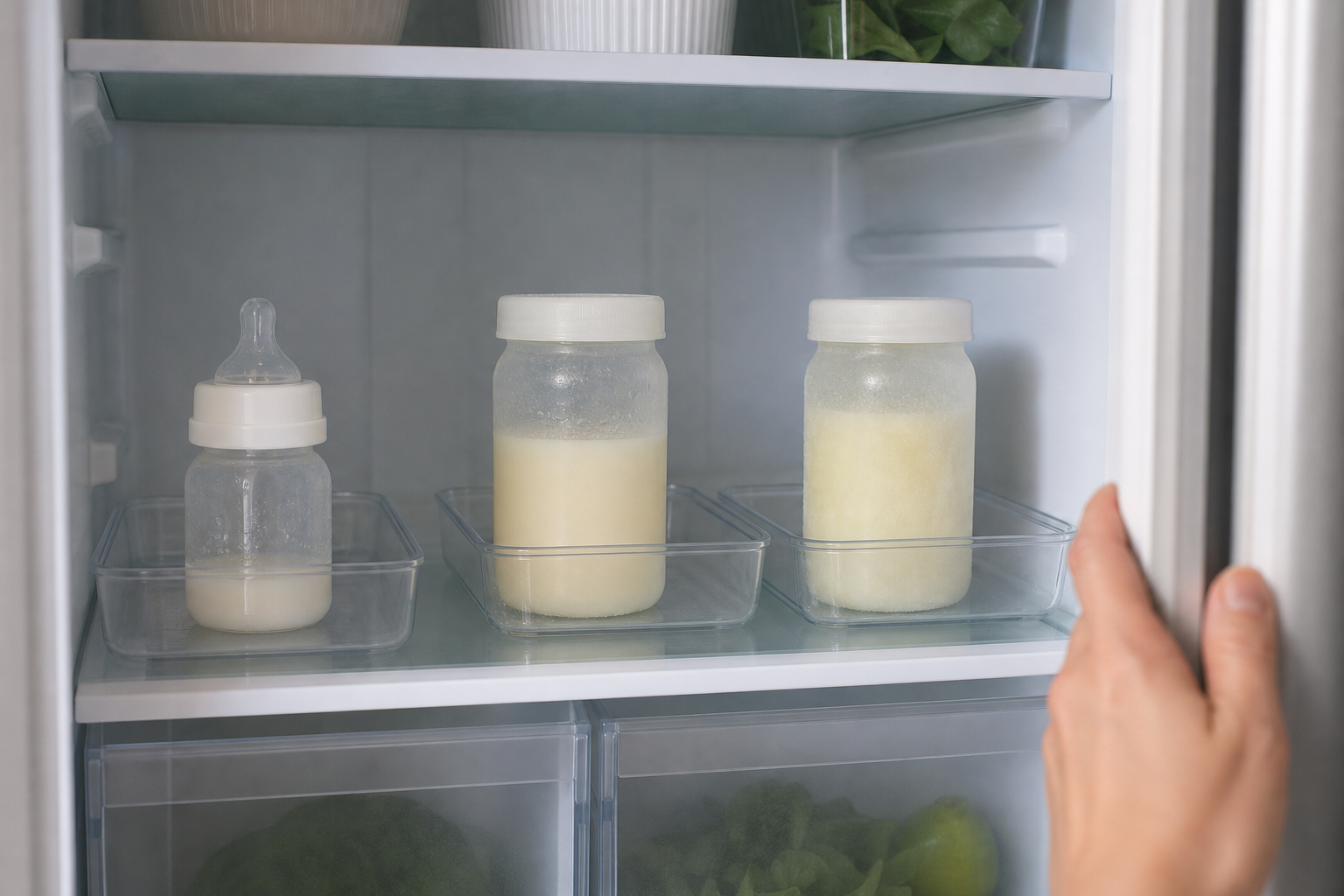 Separate containers hold a feeding leftover, newly expressed milk, and chilled stored milk in individual areas of a refrigerator.