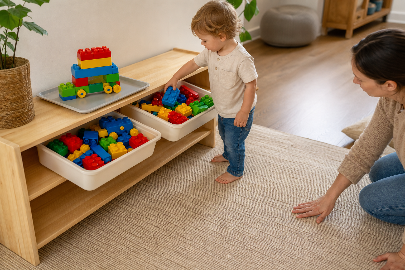 Large building blocks sit in shallow open bins on a low shelf while a toddler chooses a piece and an unfinished build rests on a tray.