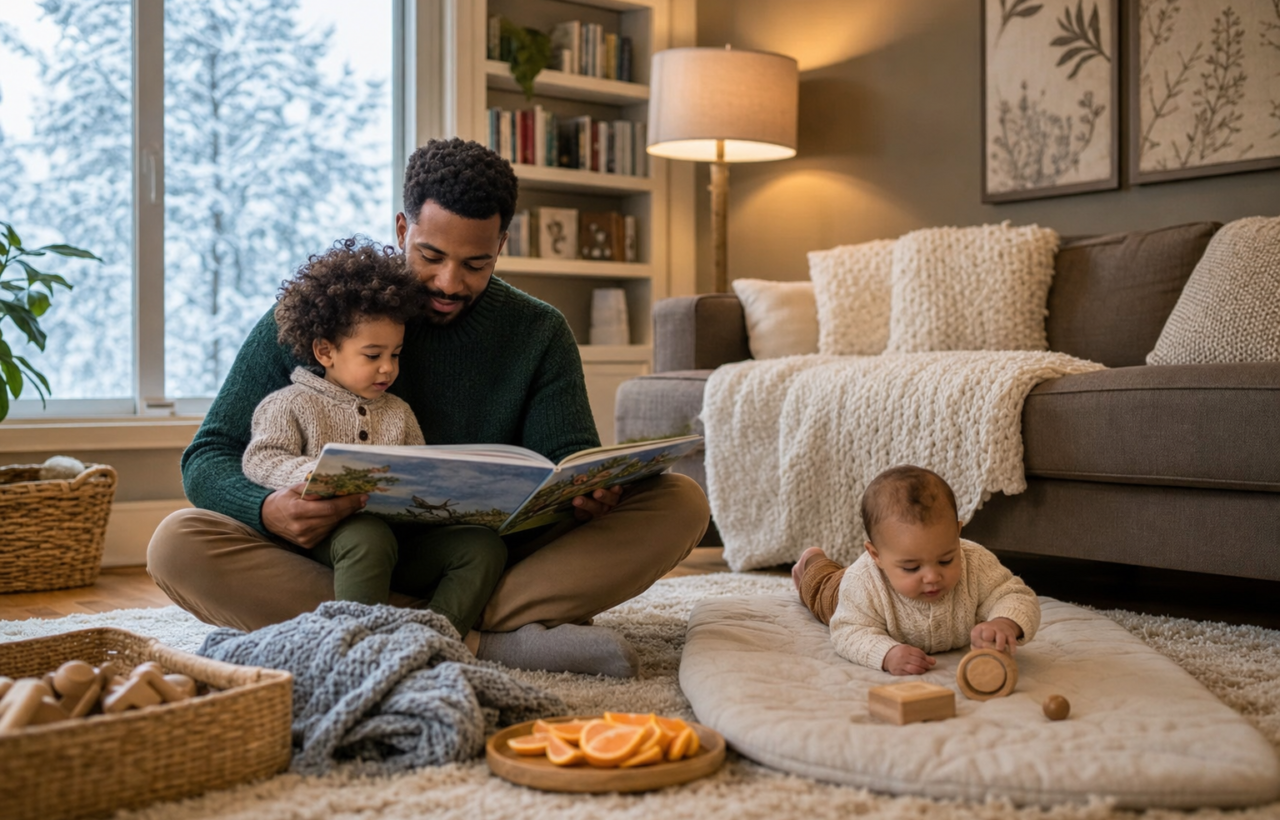 A parent reads with a toddler on a family room rug while a baby plays nearby on a winter afternoon.