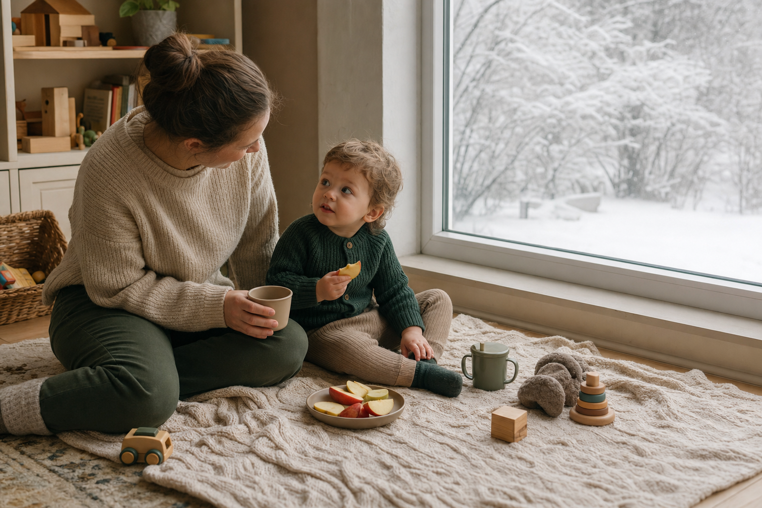 A parent and toddler share a simple indoor picnic beside a snowy window.