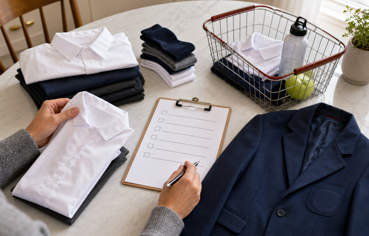 Parent checks a school uniform checklist beside folded shirts, trousers, socks, blazer, and a small shopping basket