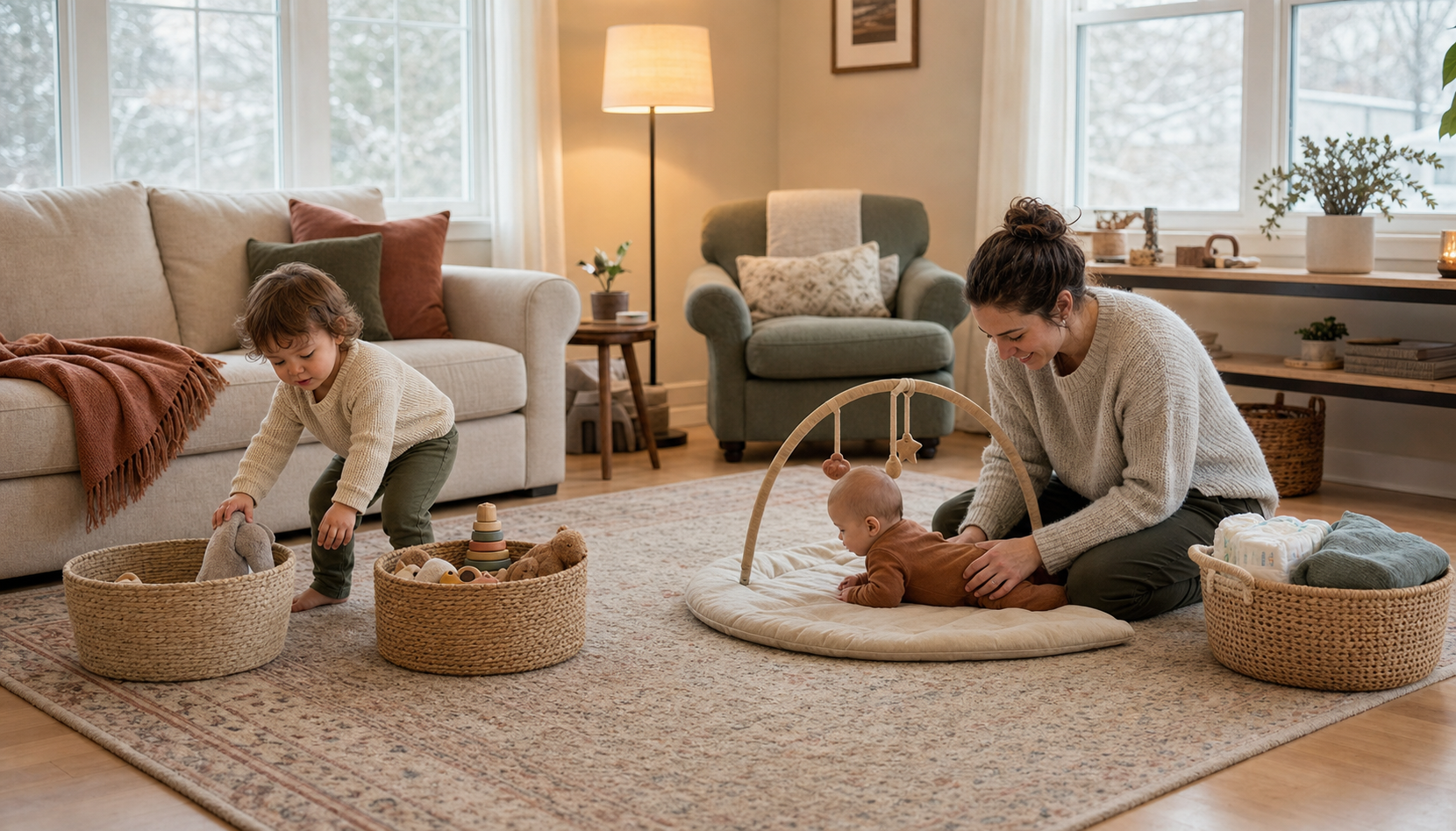 A toddler puts away a toy in a family room organized with low baskets, a reading corner, and a baby play area.