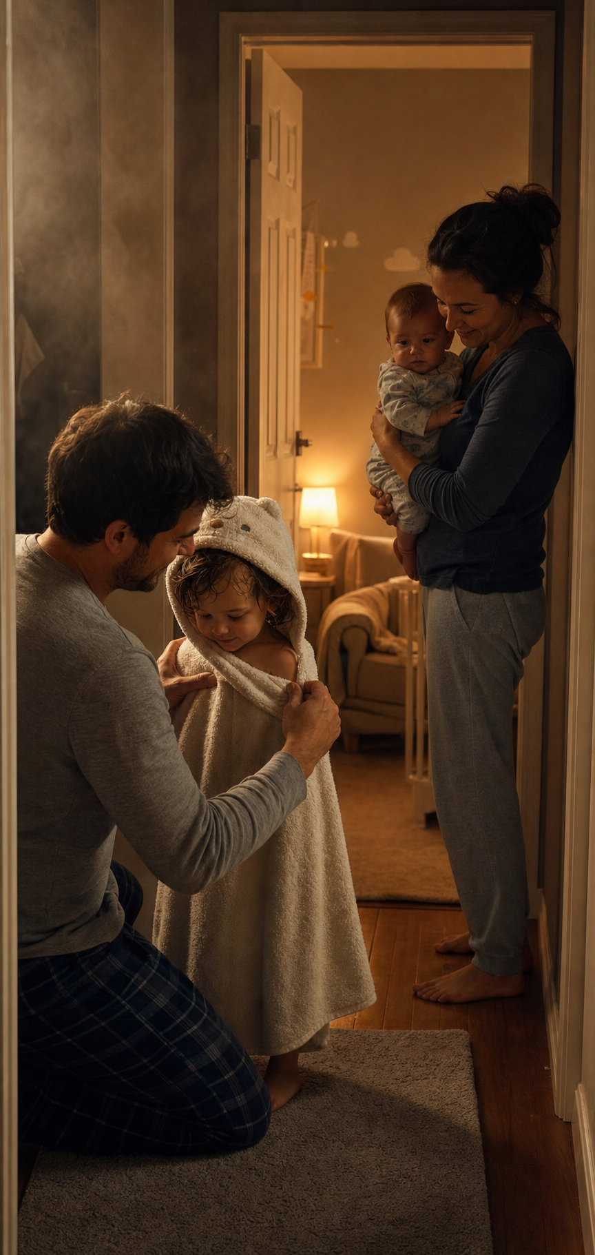 A parent wraps a toddler in a towel after a bath while another caregiver holds a baby near the nursery.