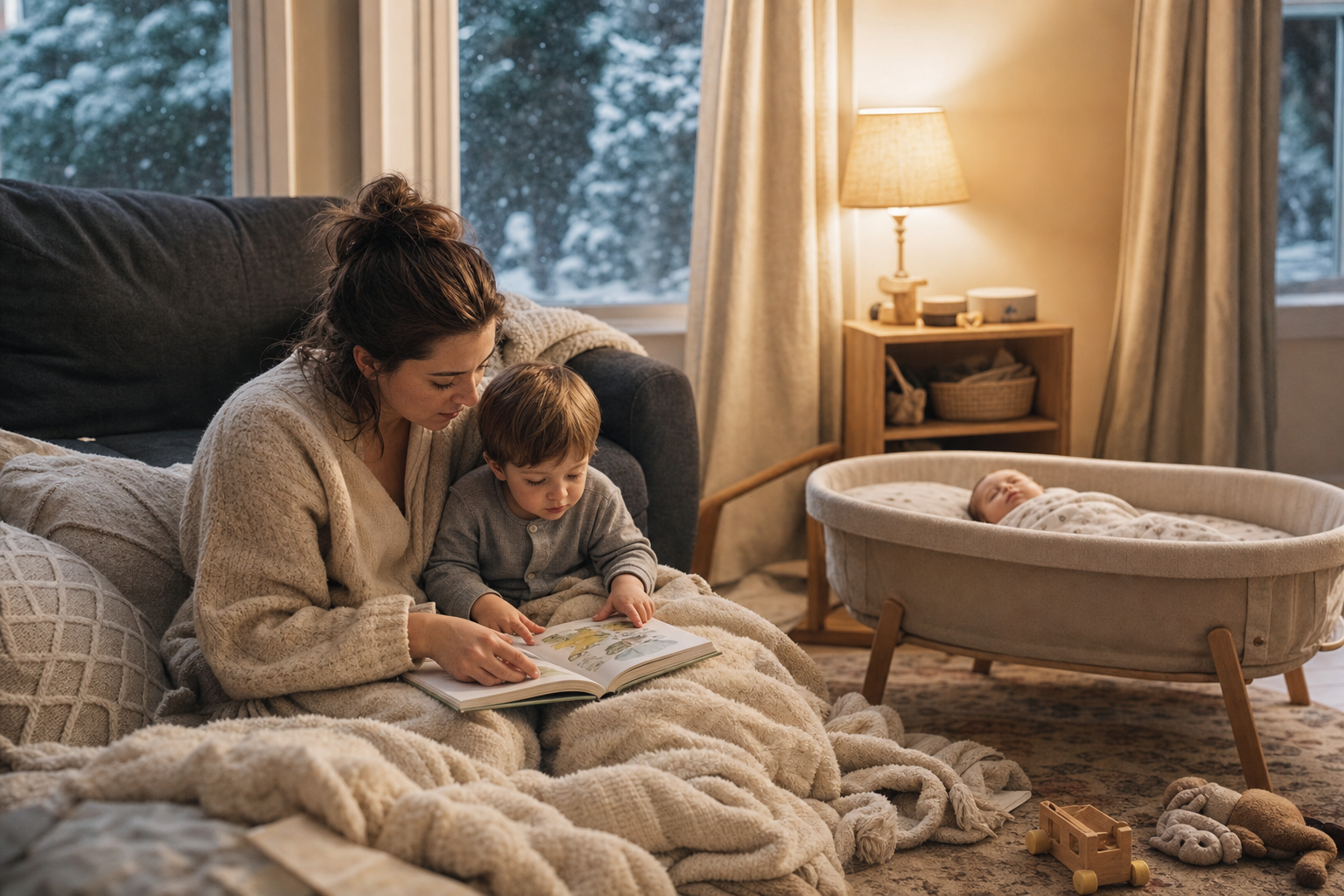 A parent and toddler look at a picture book in a blanket nest while a baby rests nearby.