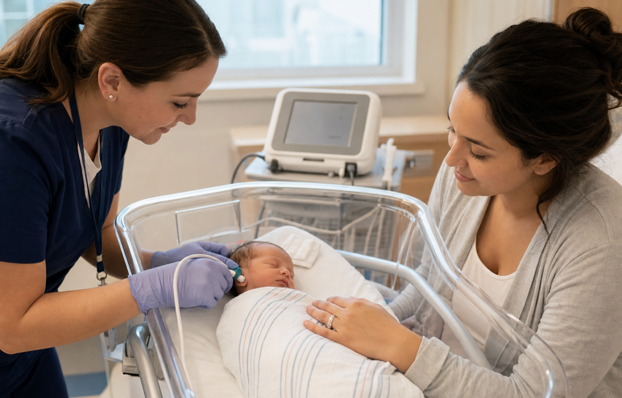 A sleeping swaddled newborn receives a hearing screen with a soft ear probe while a parent watches beside the hospital bassinet.