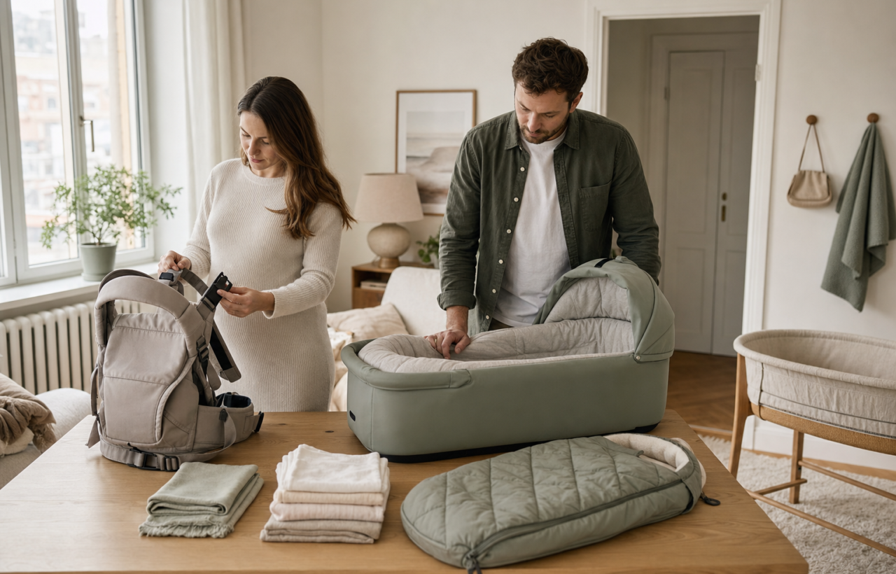 Expectant parents examine a baby carrier and other infant essentials on a table in a bright, neutral-toned apartment.