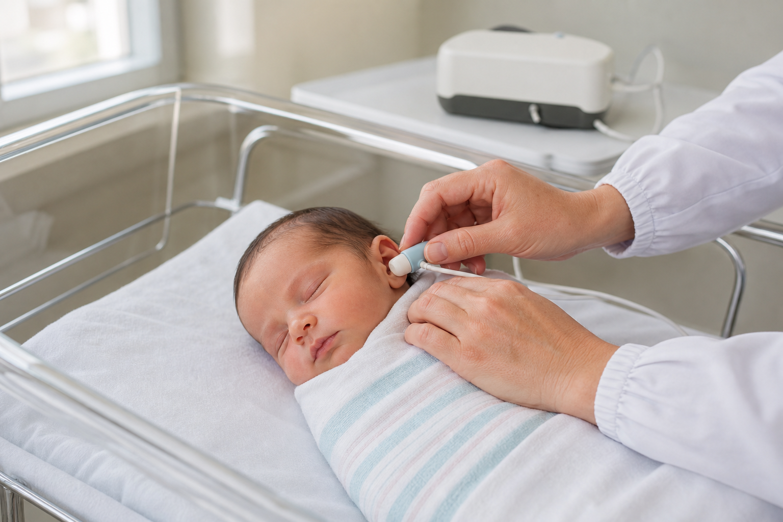 A technician holds a soft hearing-screen probe at the ear of a sleeping newborn in a quiet hospital room.