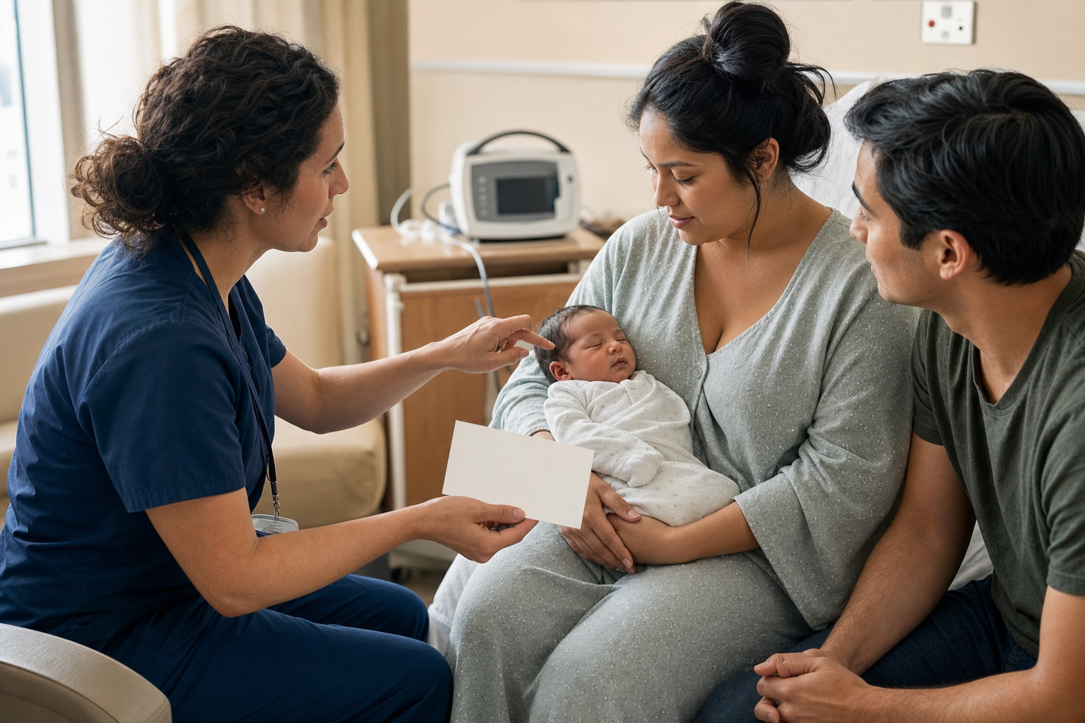 A clinician discusses hearing-screen follow-up with a parent who is holding a sleeping newborn in a hospital room.