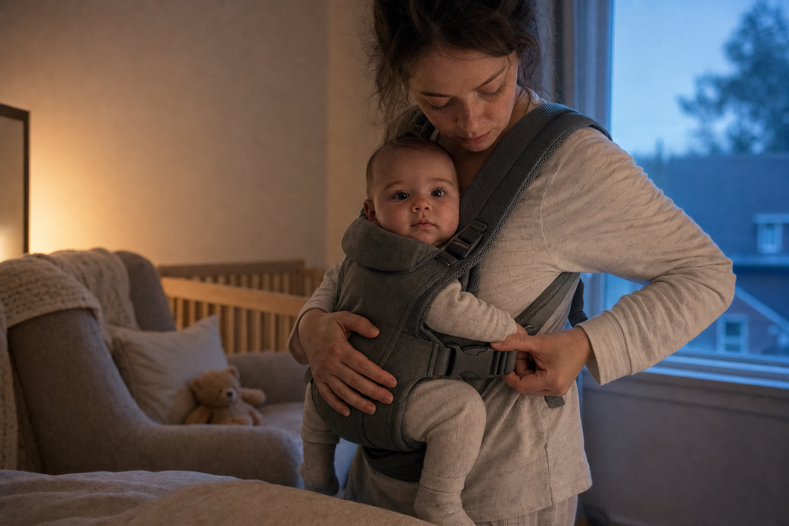 A parent adjusts a soft baby carrier around an upright infant in a dim nursery before dawn.
