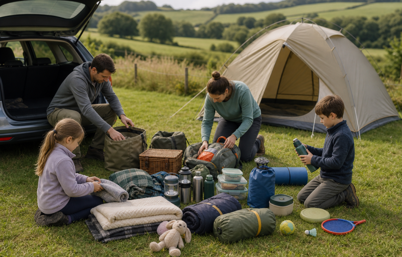 Family sorting camping gear beside a tent and open car boot in a green countryside meadow