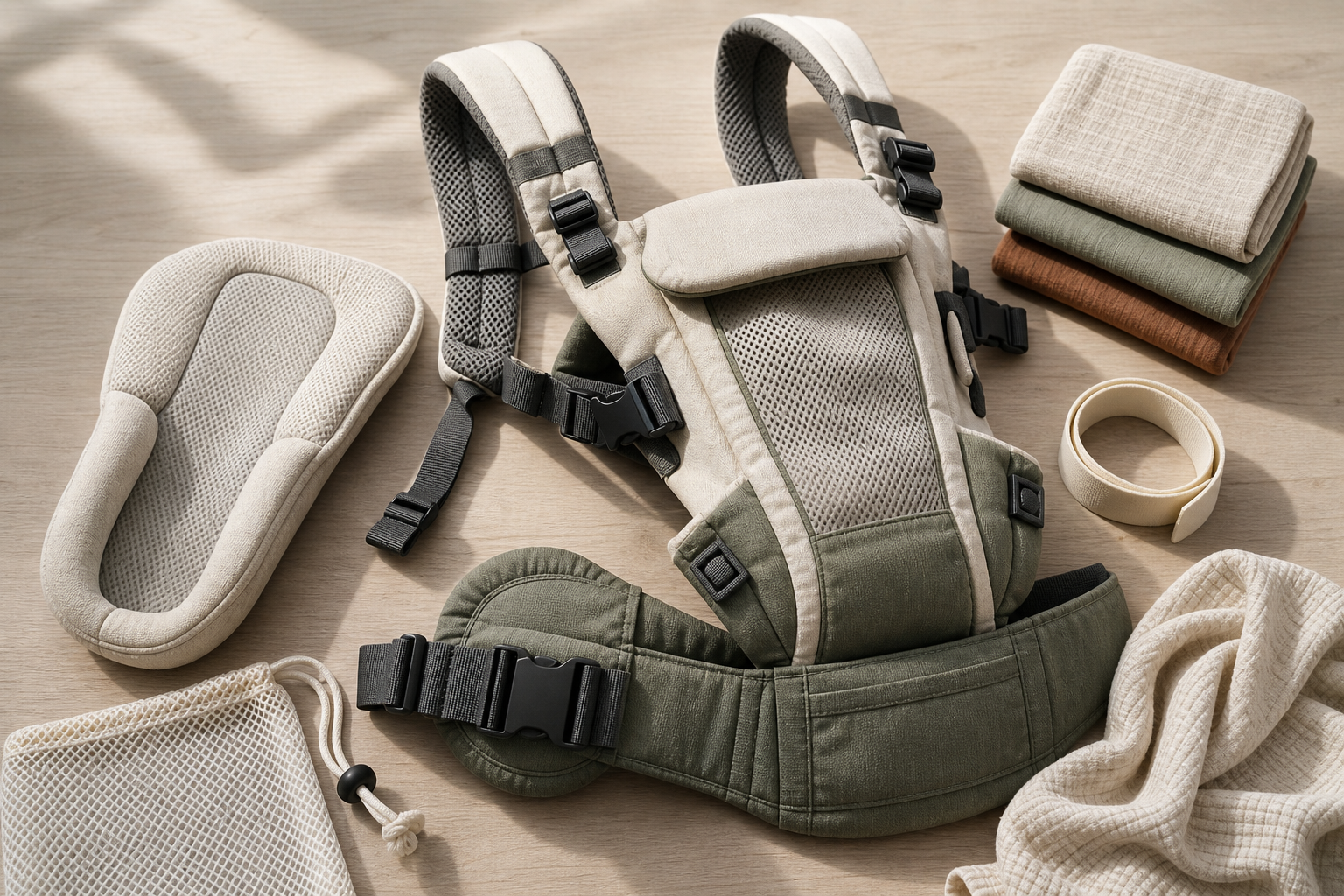 An unbranded baby carrier and its adjustable, washable components are arranged on a pale wood table.