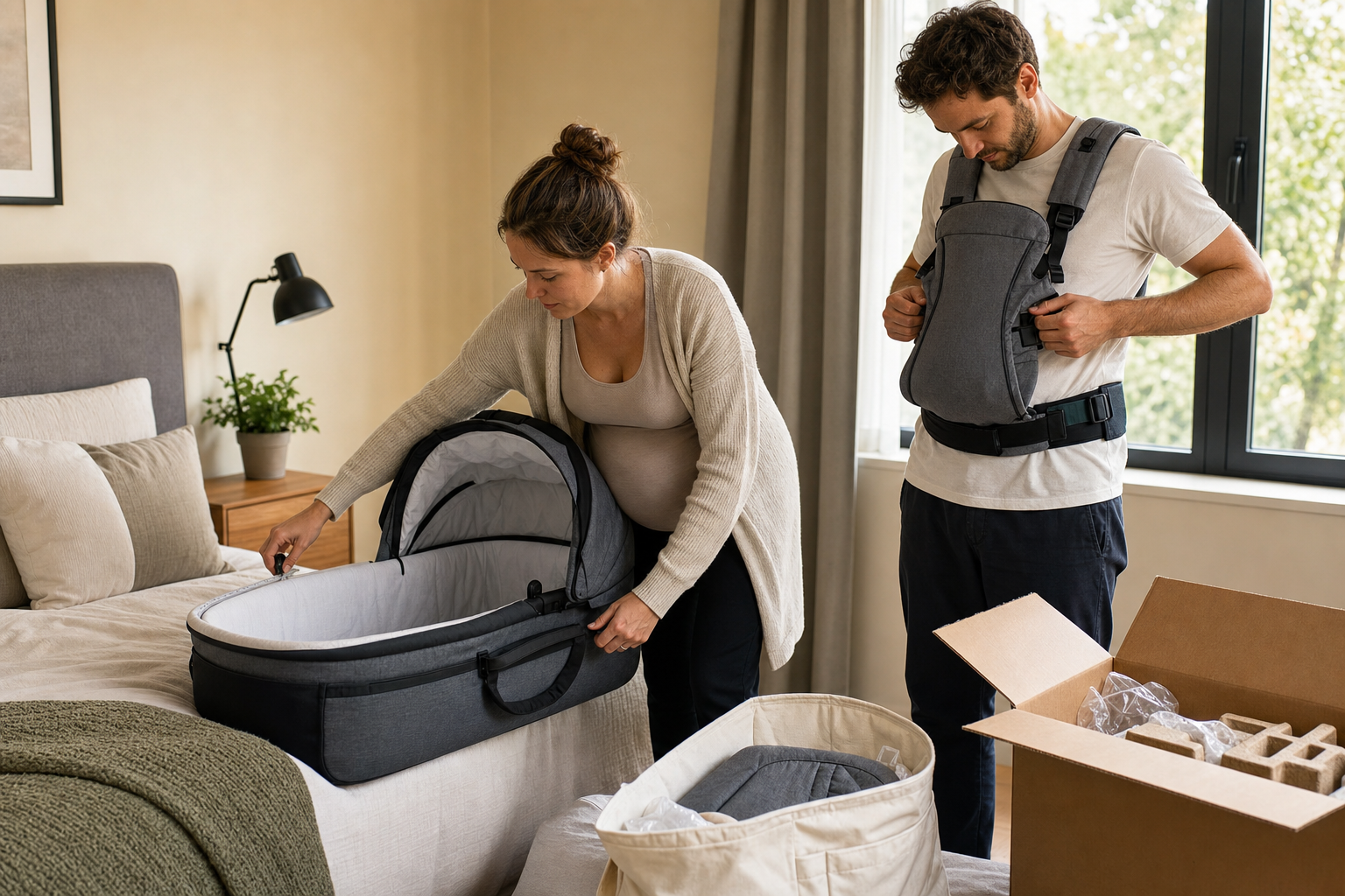 Expectant parents test the fit of a portable carry cot and baby carrier while keeping the packaging organized nearby.