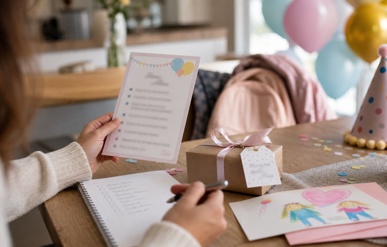 Parent pauses over a birthday invitation gift list beside a wrapped present and party card.