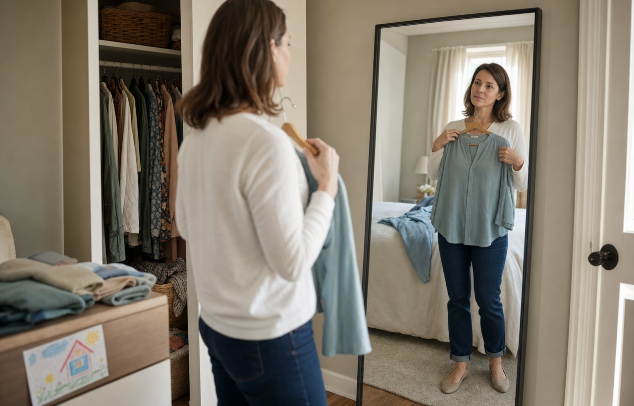 Woman holding a blouse while looking in a bedroom mirror beside an open wardrobe