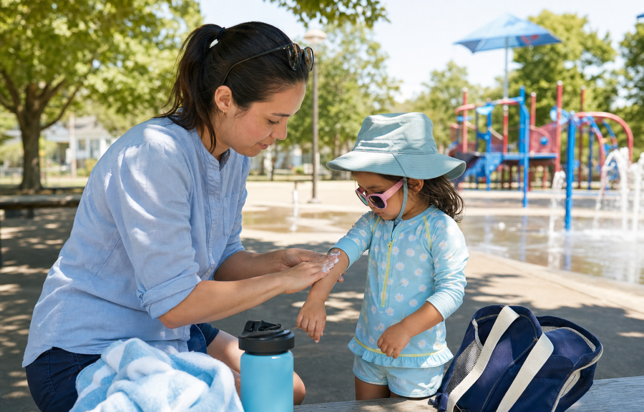 Parent applies sunscreen to a young child at a shaded summer splash pad.