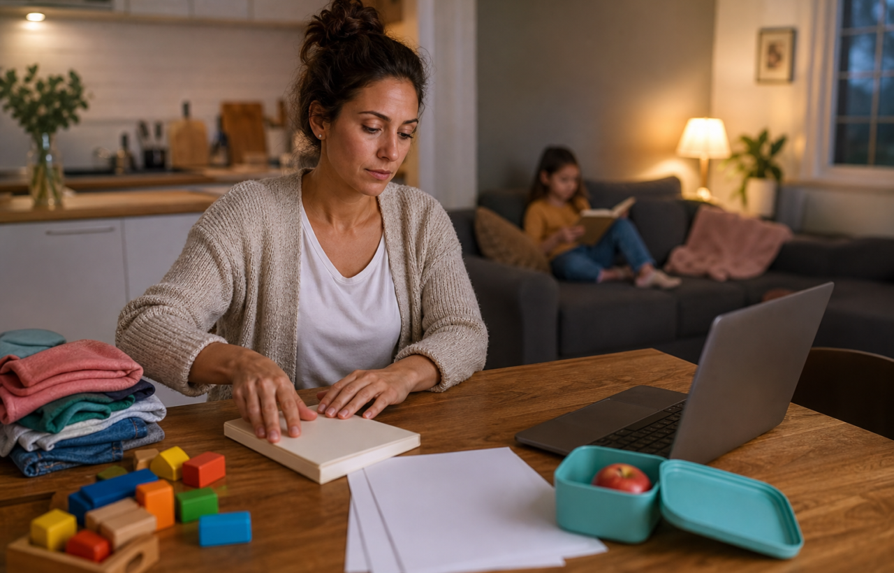 Mother pauses over school forms at a kitchen table while her child reads in the background.