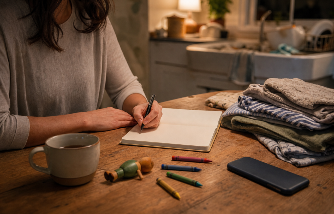 Mother writing in a blank journal at a kitchen table with tea, crayons, laundry, and a phone set aside.