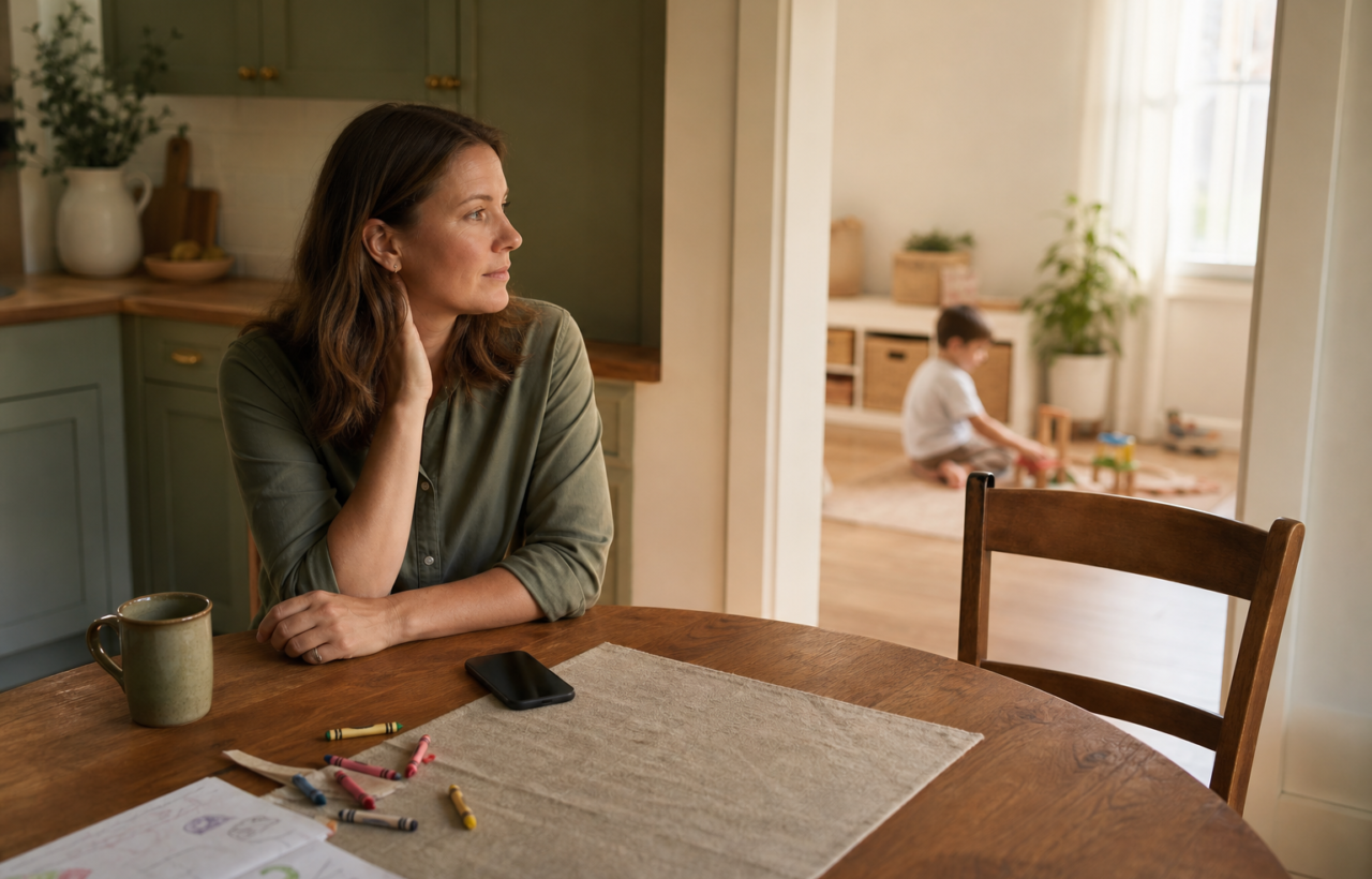 Mother sits reflectively at a kitchen table while her child plays nearby in a sunlit room.