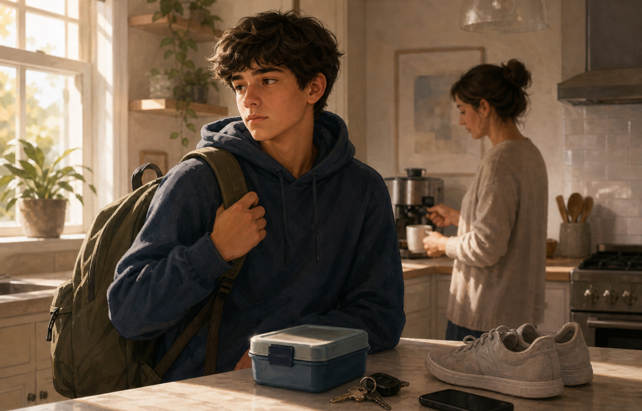 A teenager with a backpack stands in a kitchen beside school items while a parent moves in the background.