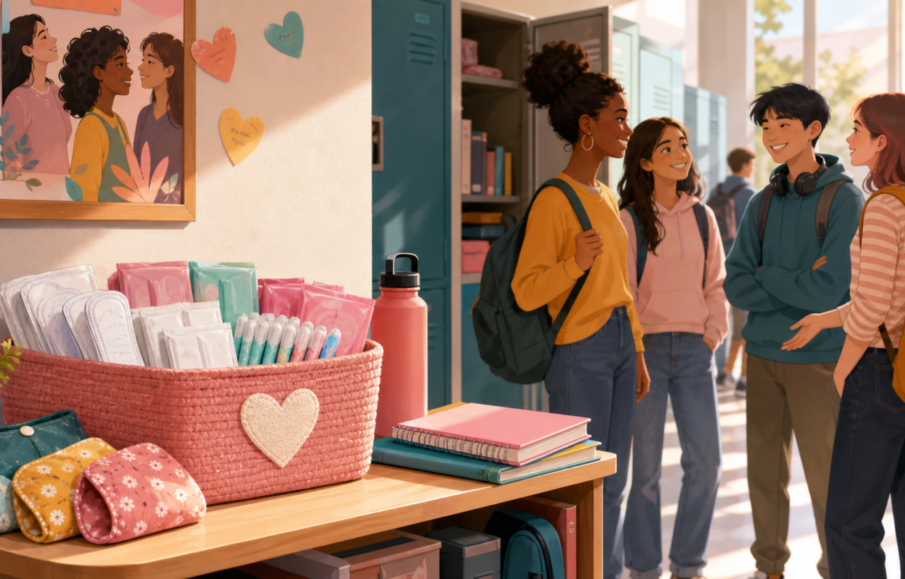 Menstrual products and school supplies at a high school wellness station with diverse teens nearby