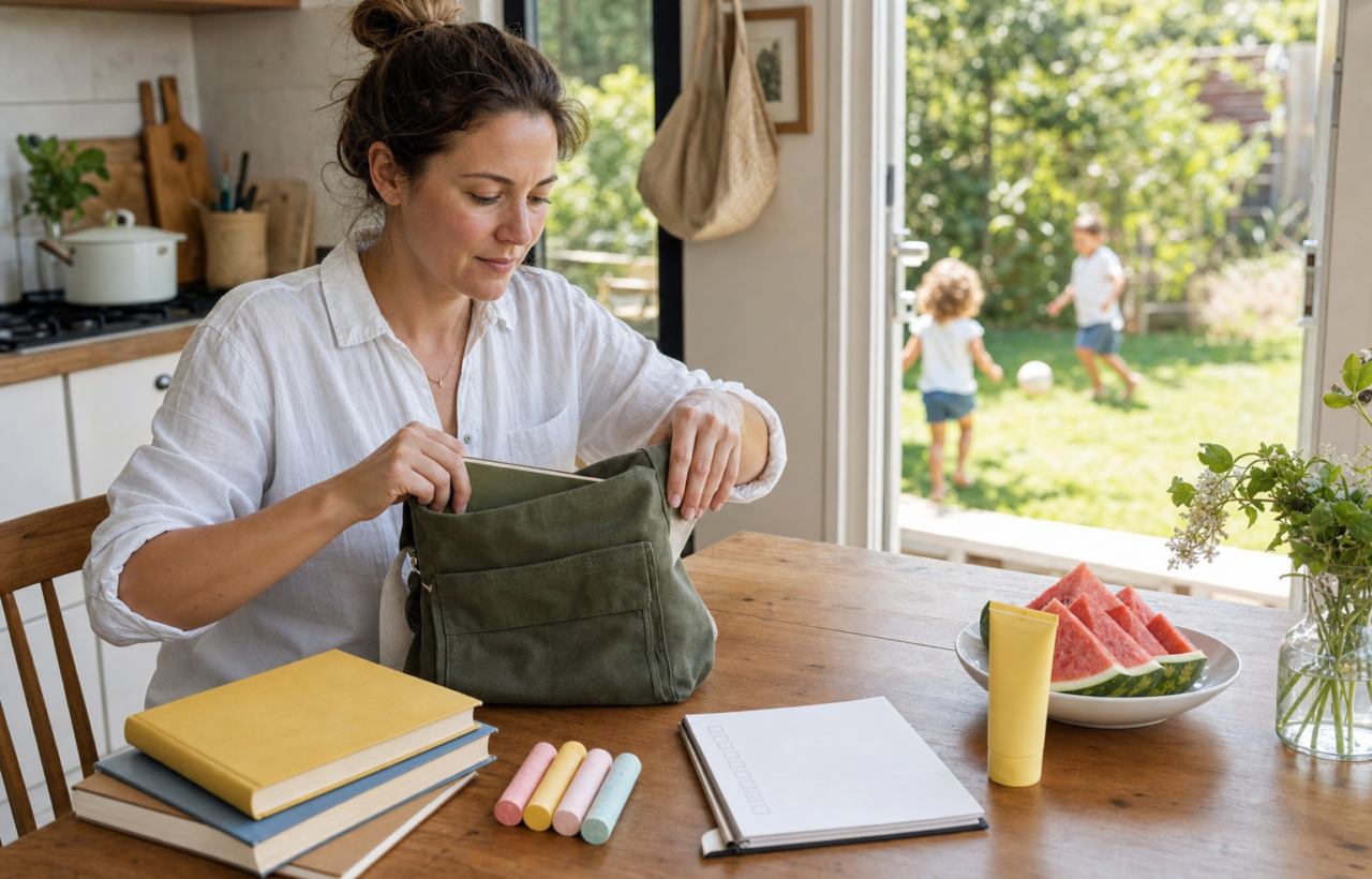 Mother packing summer activity supplies at a kitchen table while children play outside