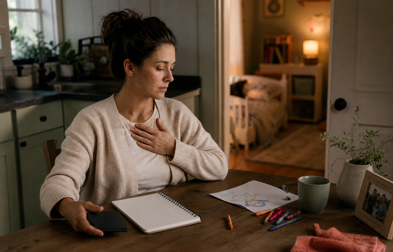 Tired parent at kitchen table pausing before using a smartphone after bedtime