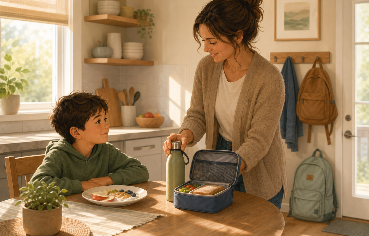 A child eating breakfast at a kitchen table while a parent prepares a lunchbox nearby.