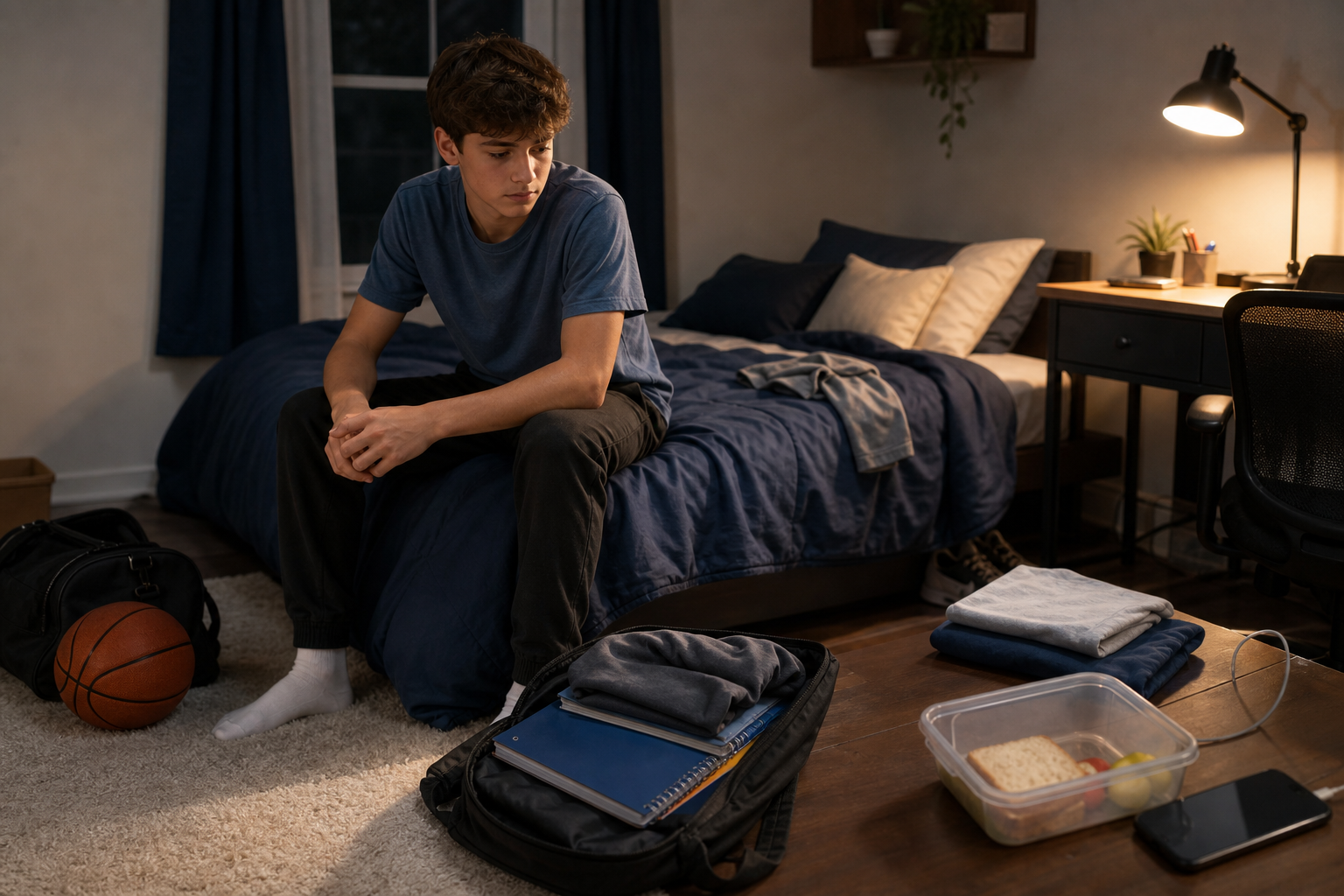 A tired teenager sits on a bed in a room with school supplies, clothes, and a backpack arranged nearby.