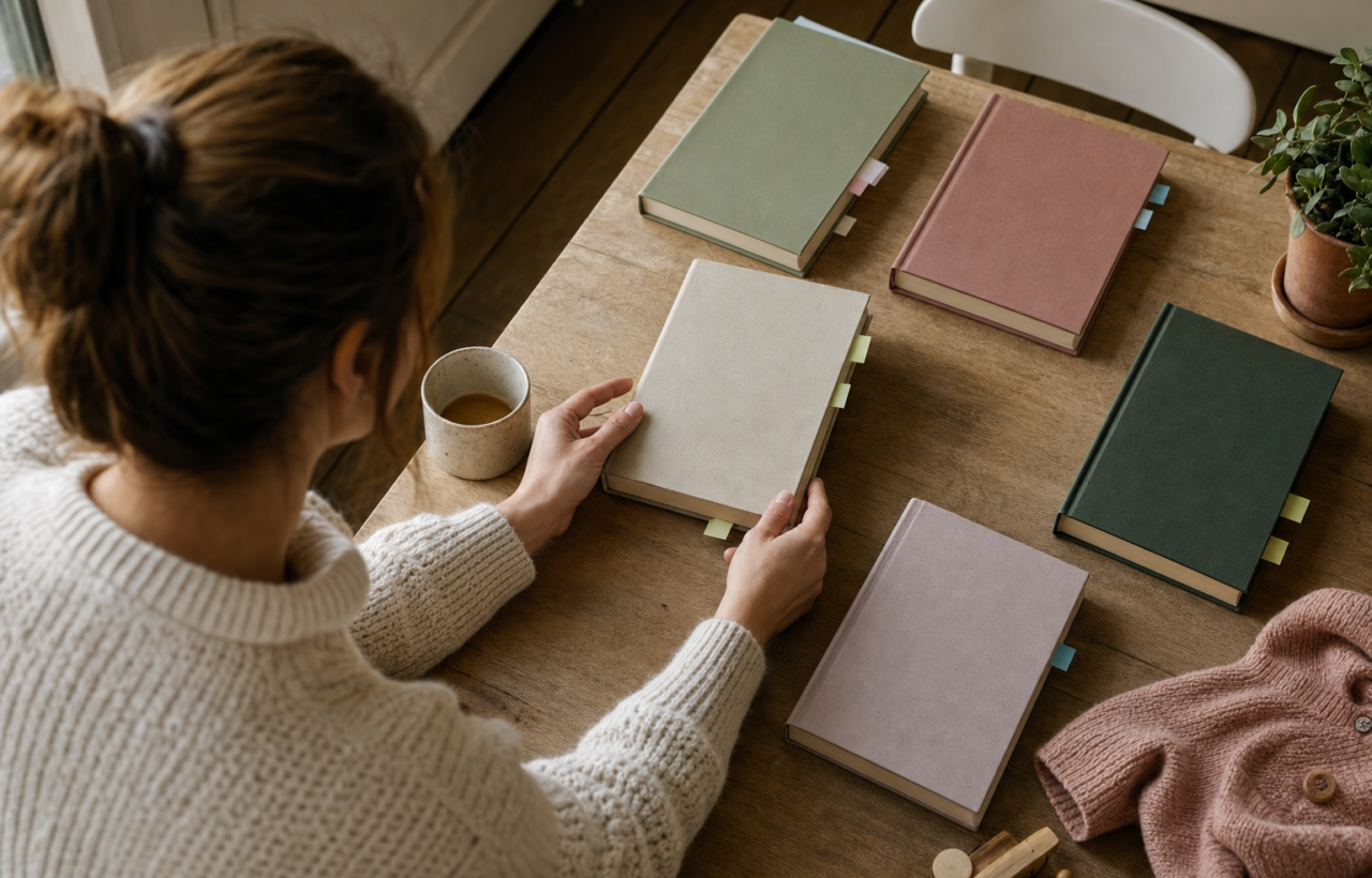 Mother choosing a book at a kitchen table with tea, toys, and muted neutral journals