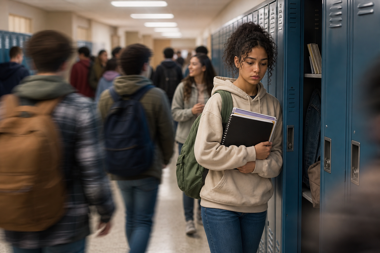 A teenager stands by an open locker in a busy school hallway while other students pass by.