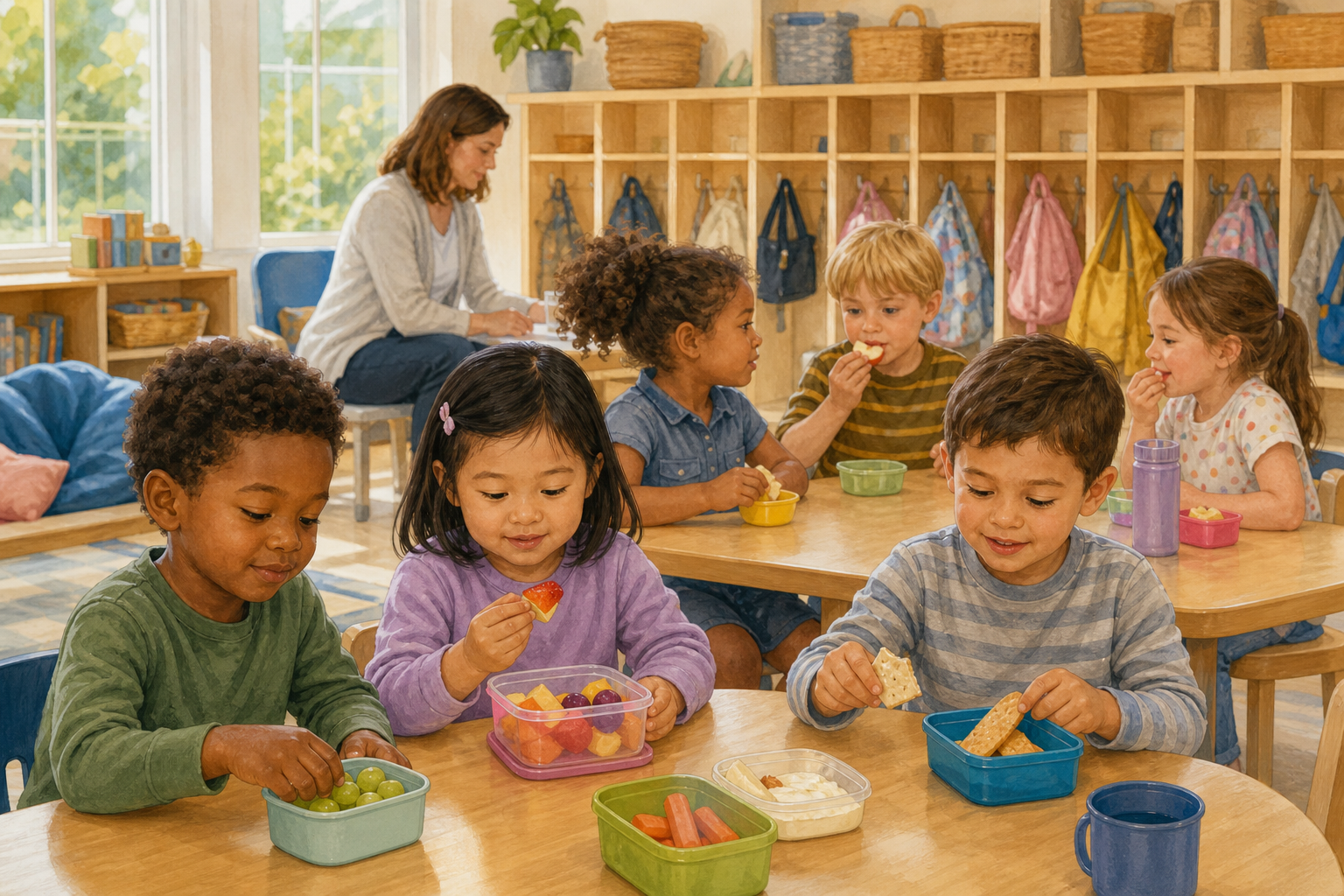 Children eating snacks from small containers at classroom tables while a teacher stands nearby.