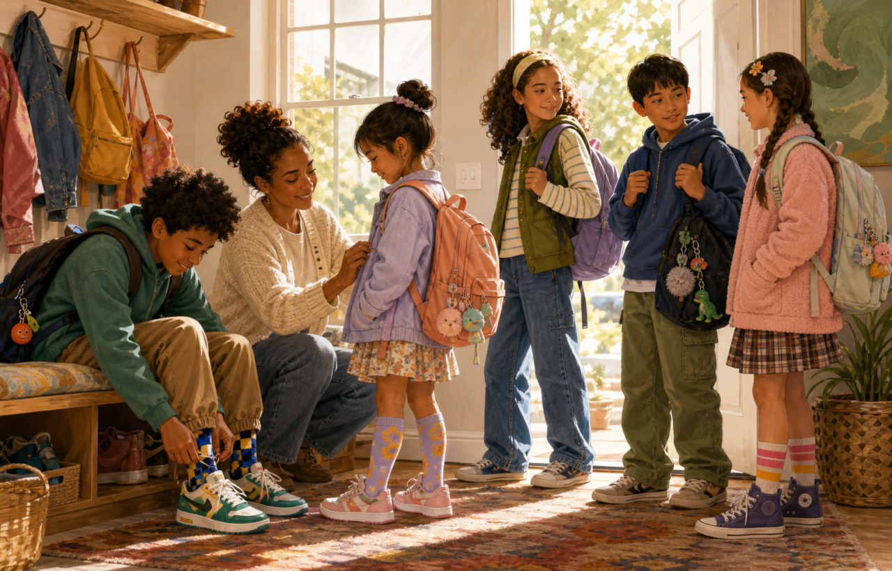 Children in a bright entryway prepare for school while showing individual style through clothing, shoes, hair accessories, and backpacks.
