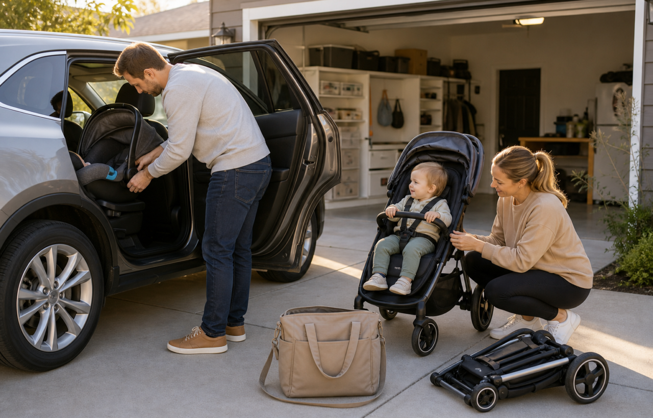 Parents arrange an infant car seat and modular stroller beside a car while a toddler waits nearby.