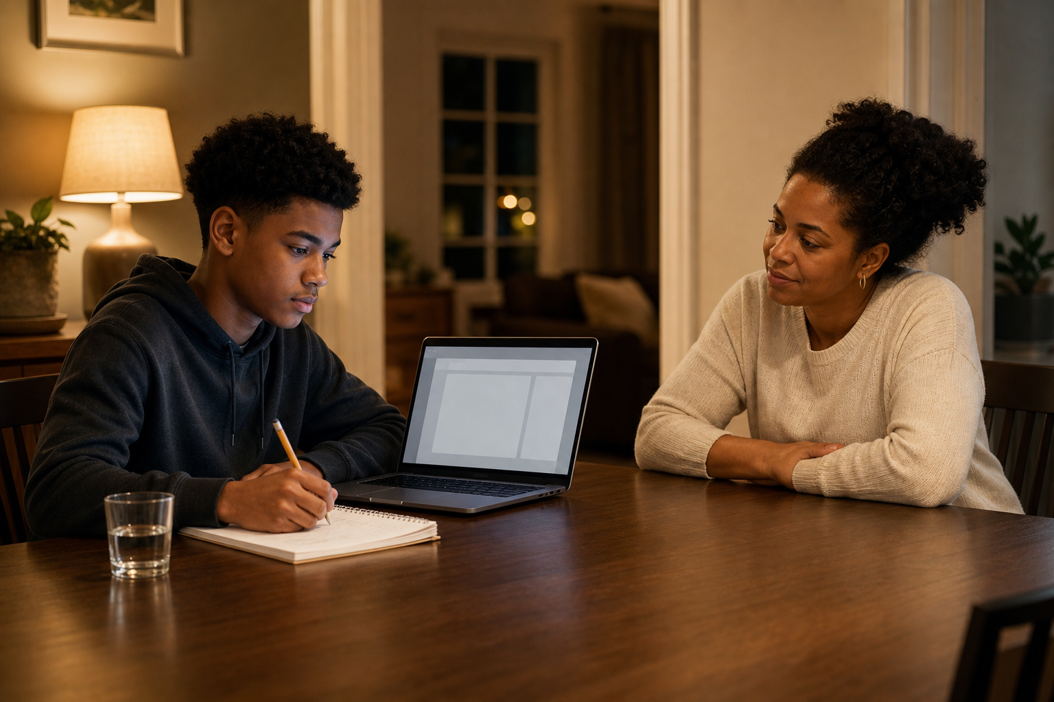 A teenager uses a laptop for homework at a dining table while a parent sits nearby and listens.